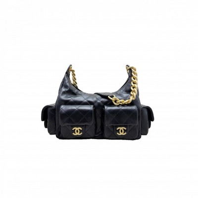 CHANEL SHINY LAMBSKIN GOLD-TONE METAL BLACK AS5339 (31*22*15cm)
