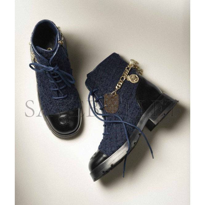 CHANEL LACE-UPS WOOL TWEED, CALFSKIN & METAL NAVY BLUE & BLACK G39393 Y56125 K4839 CHANEL LACE-UPS WOOL TWEED, CALFSKIN & METAL NAVY BLUE & BLACK G39393 Y56125 K4839