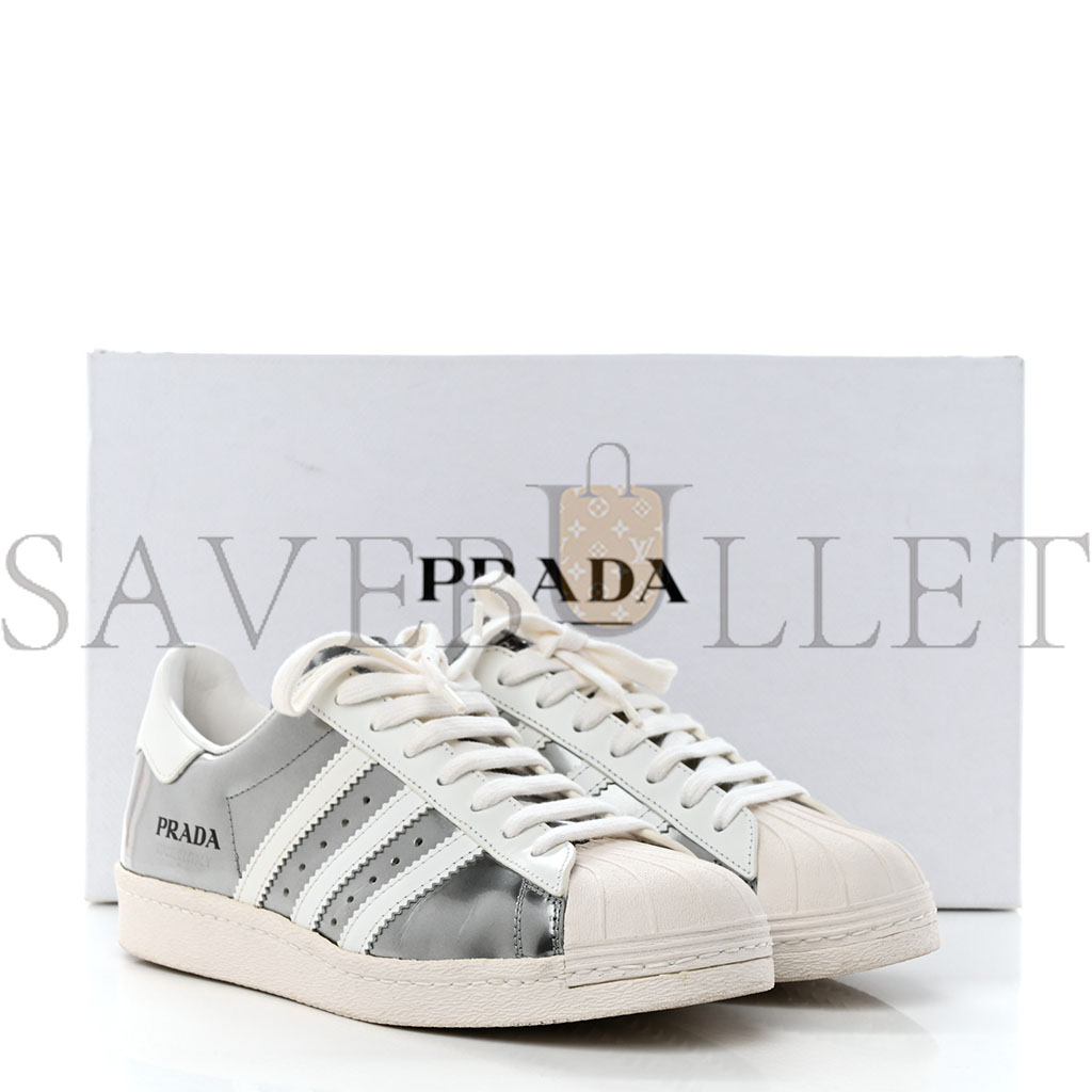 PRADA X ADIDAS BRUSHED CALFSKIN LOGO MENS SUPERSTAR SNEAKERS 6 SILVER WHITE PRADA X ADIDAS BRUSHED CALFSKIN LOGO MENS SUPERSTAR SNEAKERS 6 SILVER WHITE