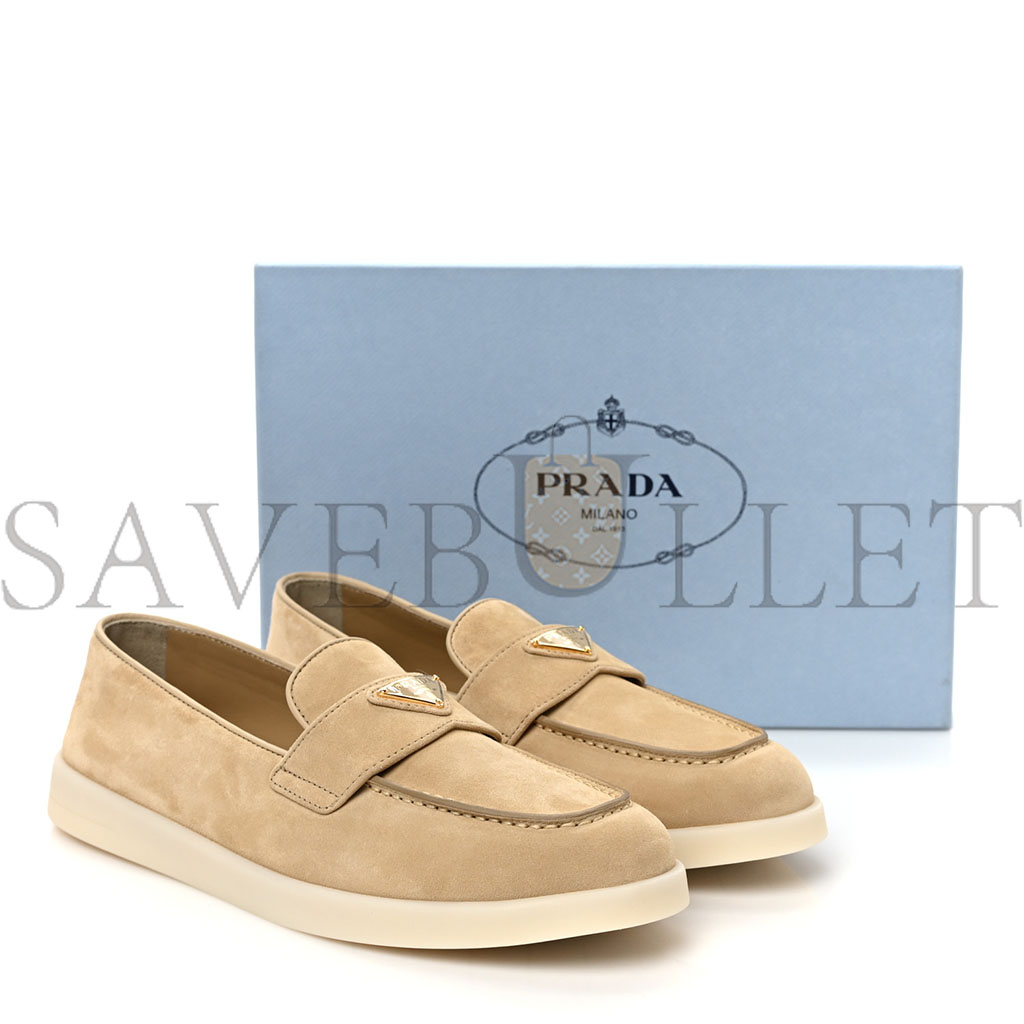 PRADA VITELLO SCAMOSCIATO METAL TRIANGLE LOGO SAINT TROPEZ 25MM LOAFERS 40 ECRU PRADA VITELLO SCAMOSCIATO METAL TRIANGLE LOGO SAINT TROPEZ 25MM LOAFERS 40 ECRU
