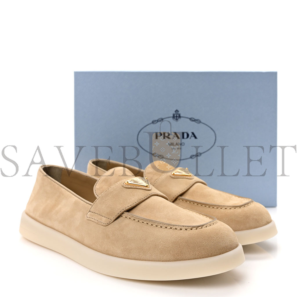 PRADA VITELLO SCAMOSCIATO METAL TRIANGLE LOGO SAINT TROPEZ 25MM LOAFERS 40 ECRU PRADA VITELLO SCAMOSCIATO METAL TRIANGLE LOGO SAINT TROPEZ 25MM LOAFERS 40 ECRU