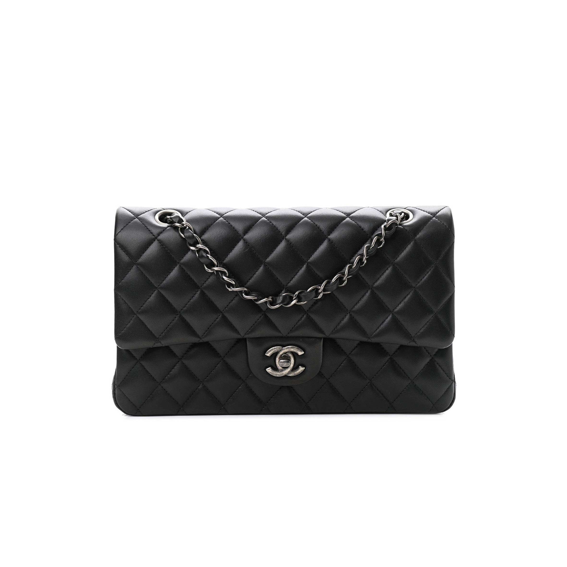 CHANEL LAMBSKIN QUILTED SMALL DOUBLE FLAP BLACK SILVER HARDWARE (25*15*6cm) CHANEL LAMBSKIN QUILTED SMALL DOUBLE FLAP BLACK SILVER HARDWARE (25*15*6cm)