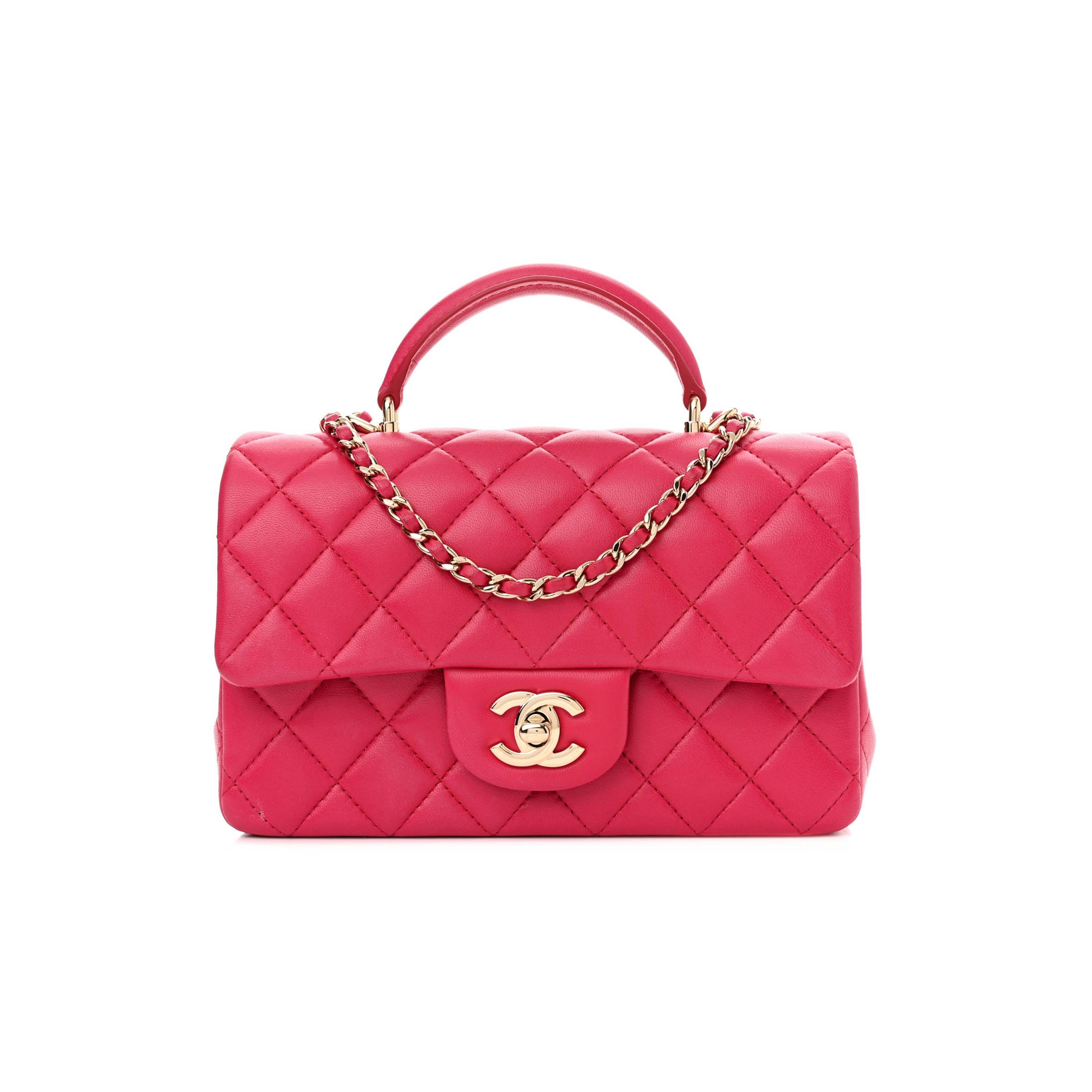 CHANEL LAMBSKIN QUILTED MINI TOP HANDLE RECTANGULAR FLAP DARK PINK ROSE GOLD HARDWARE (19*13*7cm) CHANEL LAMBSKIN QUILTED MINI TOP HANDLE RECTANGULAR FLAP DARK PINK ROSE GOLD HARDWARE (19*13*7cm)