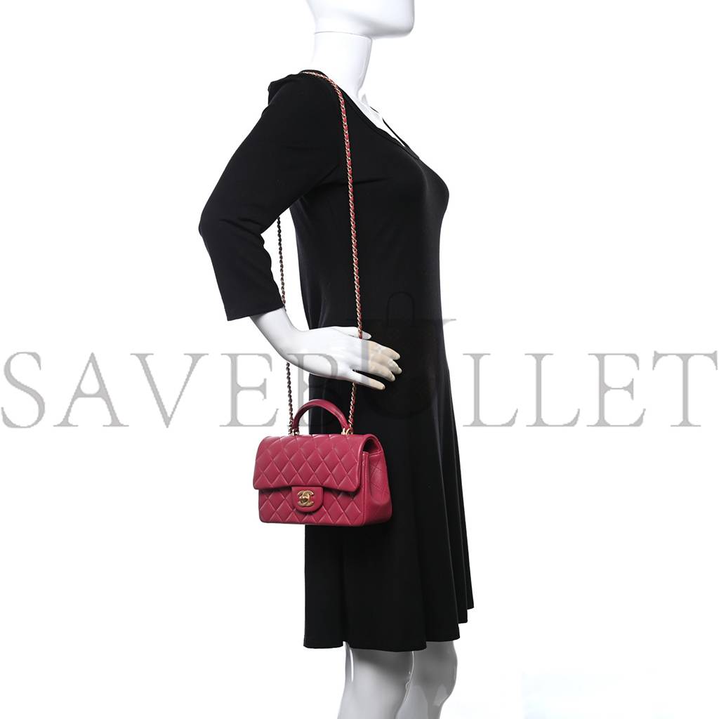 CHANEL LAMBSKIN QUILTED MINI TOP HANDLE RECTANGULAR FLAP DARK PINK ROSE GOLD HARDWARE (19*13*7cm) CHANEL LAMBSKIN QUILTED MINI TOP HANDLE RECTANGULAR FLAP DARK PINK ROSE GOLD HARDWARE (19*13*7cm)