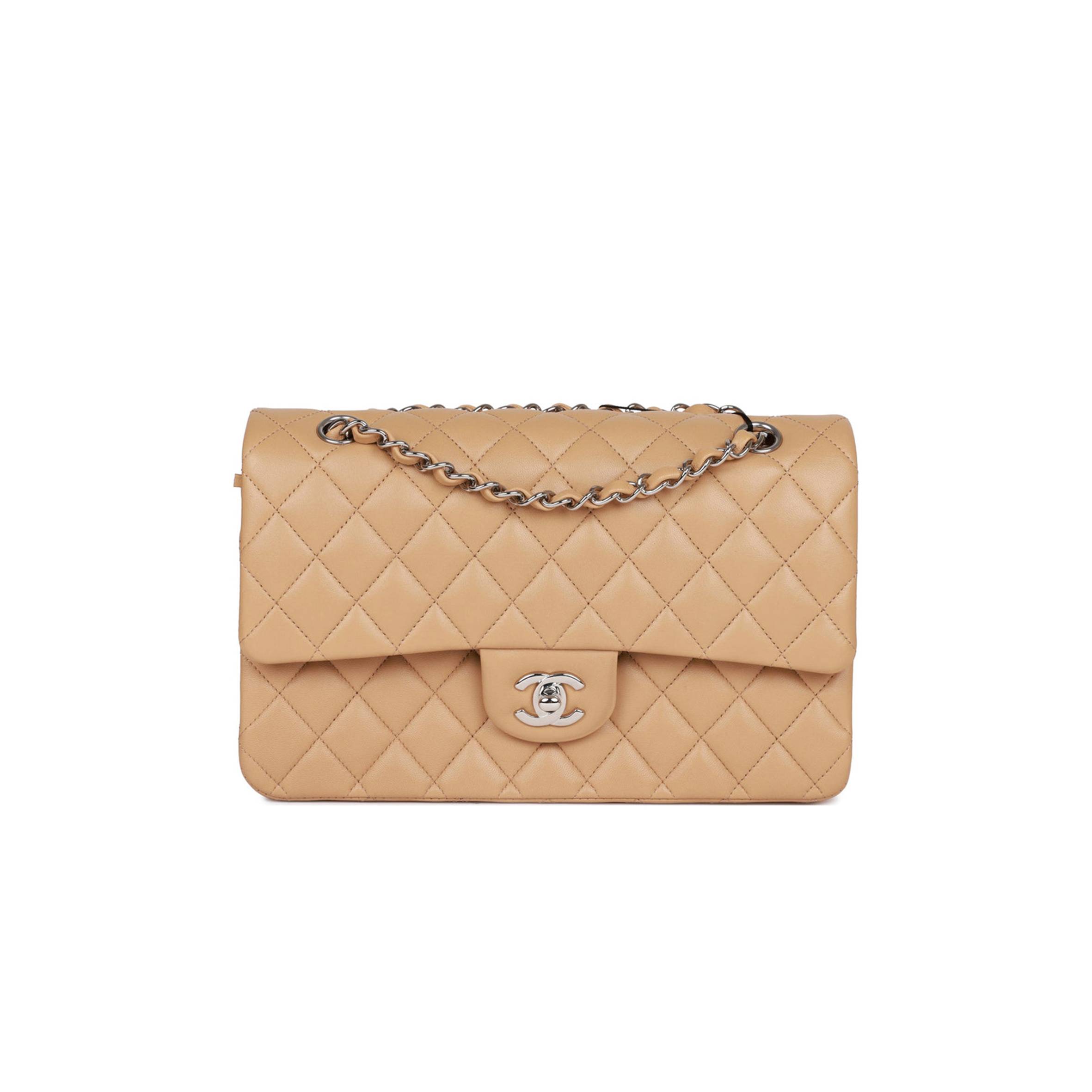 CHANEL MEDIUM CLASSIC DOUBLE FLAP BAG BEIGE LAMBSKIN SILVER HARDWARE (25*15*7cm) CHANEL MEDIUM CLASSIC DOUBLE FLAP BAG BEIGE LAMBSKIN SILVER HARDWARE (25*15*7cm)
