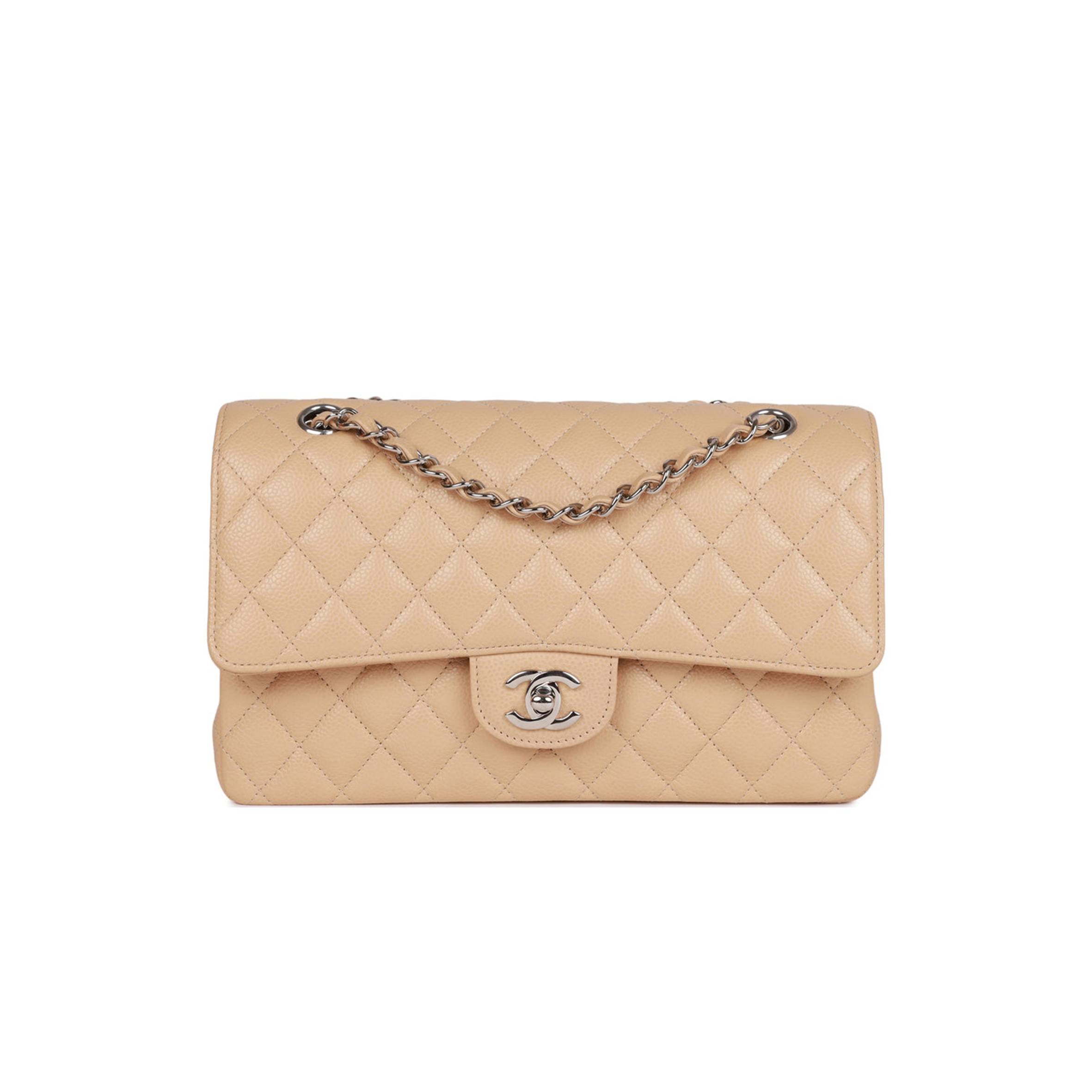 CHANEL MEDIUM CLASSIC DOUBLE FLAP BAG BEIGE CAVIAR SILVER HARDWARE (25*15*7cm) CHANEL MEDIUM CLASSIC DOUBLE FLAP BAG BEIGE CAVIAR SILVER HARDWARE (25*15*7cm)