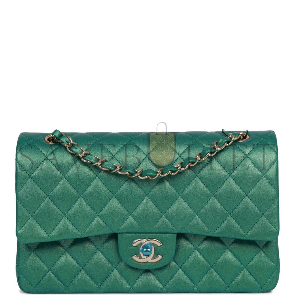 CHANEL MEDIUM CLASSIC DOUBLE FLAP BAG GREEN IRIDESCENT LAMBSKIN LIGHT GOLD HARDWARE (25*15*7cm) CHANEL MEDIUM CLASSIC DOUBLE FLAP BAG GREEN IRIDESCENT LAMBSKIN LIGHT GOLD HARDWARE (25*15*7cm)