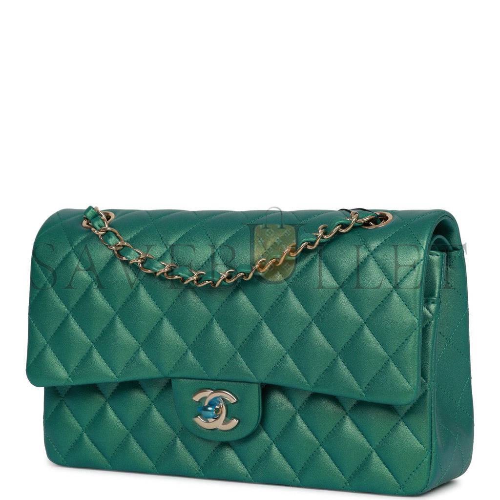CHANEL MEDIUM CLASSIC DOUBLE FLAP BAG GREEN IRIDESCENT LAMBSKIN LIGHT GOLD HARDWARE (25*15*7cm) CHANEL MEDIUM CLASSIC DOUBLE FLAP BAG GREEN IRIDESCENT LAMBSKIN LIGHT GOLD HARDWARE (25*15*7cm)