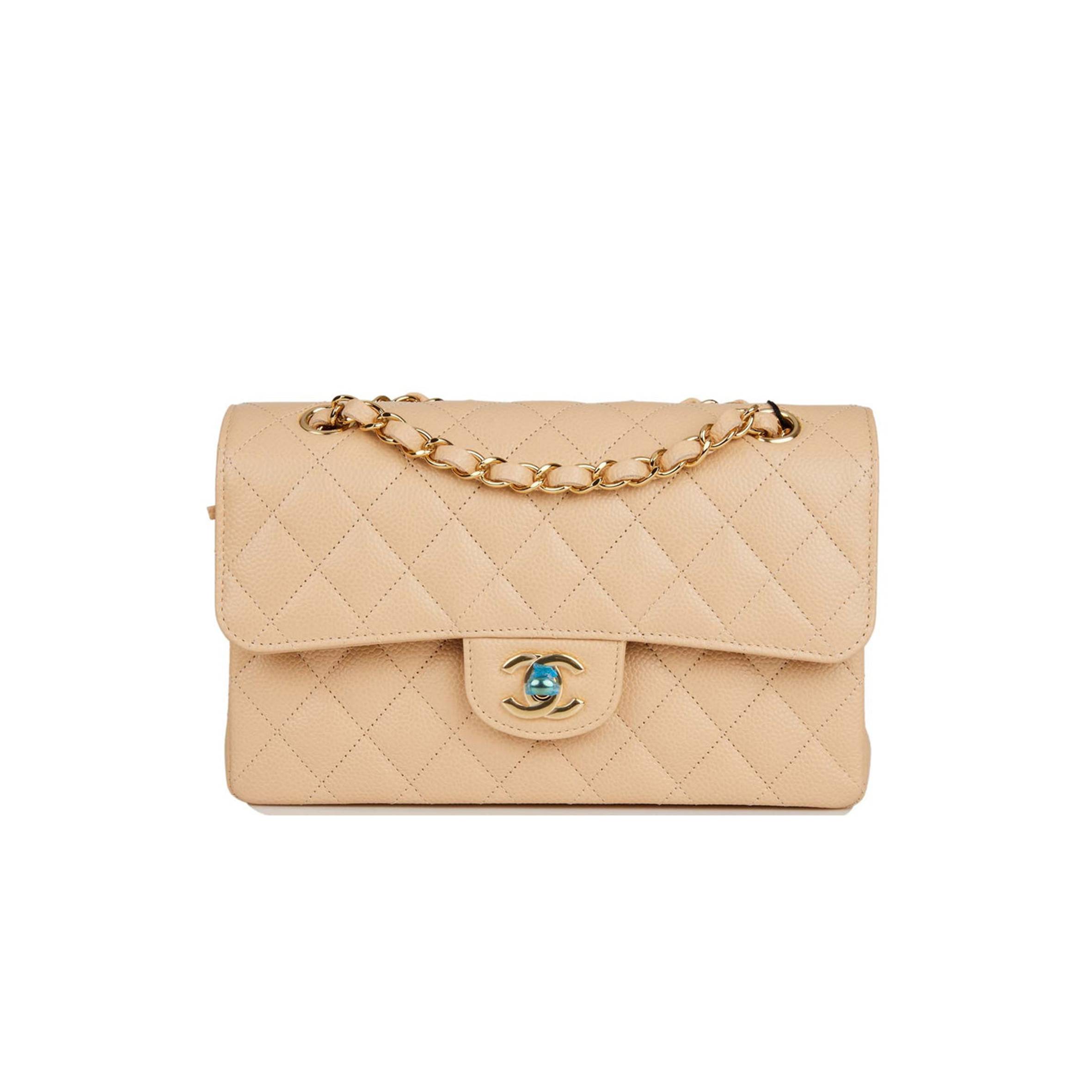 CHANEL SMALL CLASSIC DOUBLE FLAP BAG BEIGE CAVIAR GOLD HARDWARE (23*13*6cm) CHANEL SMALL CLASSIC DOUBLE FLAP BAG BEIGE CAVIAR GOLD HARDWARE (23*13*6cm)