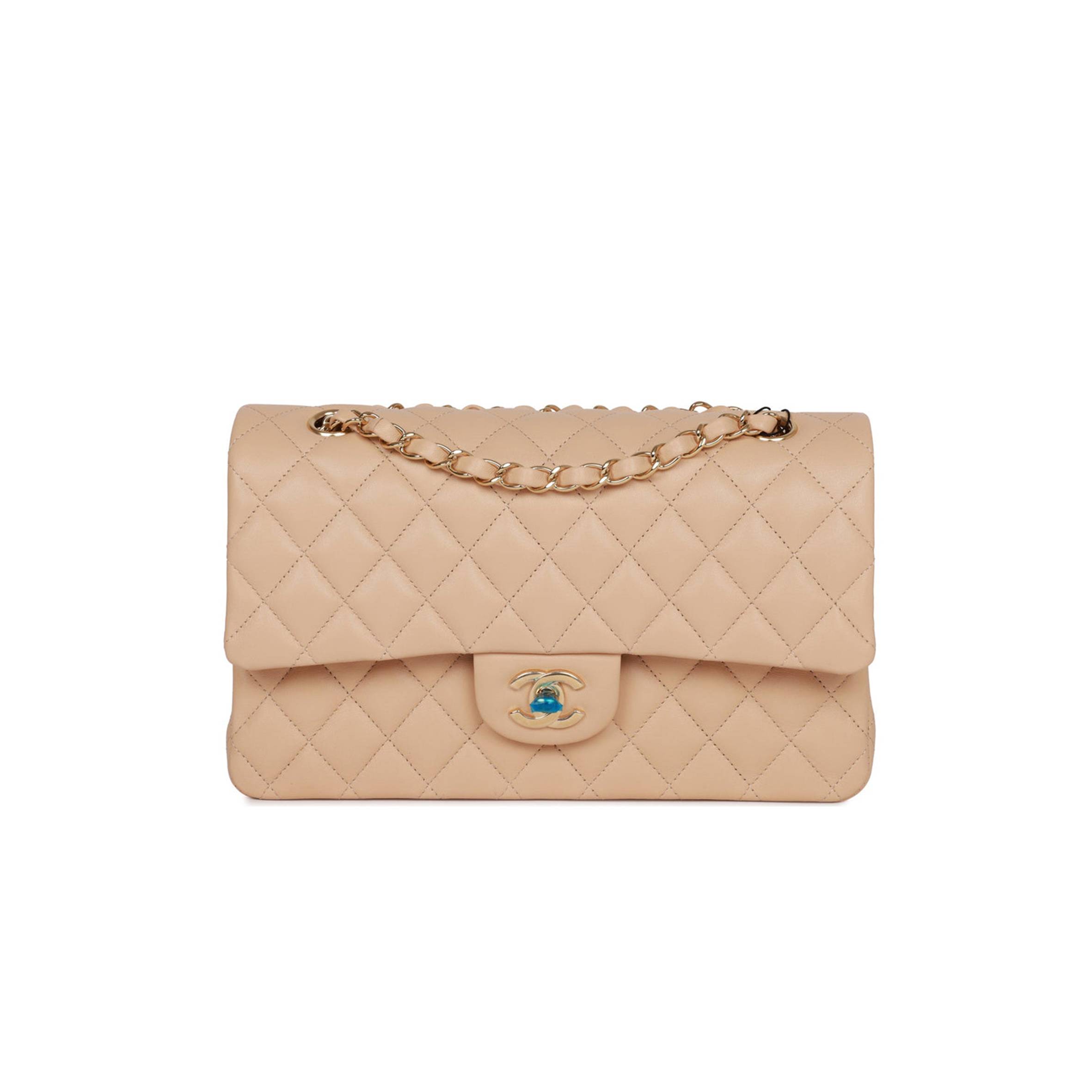 CHANEL MEDIUM CLASSIC DOUBLE FLAP BAG BEIGE LAMBSKIN LIGHT GOLD HARDWARE (25*15*7cm) CHANEL MEDIUM CLASSIC DOUBLE FLAP BAG BEIGE LAMBSKIN LIGHT GOLD HARDWARE (25*15*7cm)