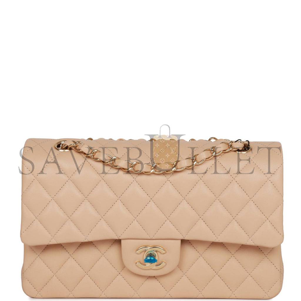 CHANEL MEDIUM CLASSIC DOUBLE FLAP BAG BEIGE LAMBSKIN LIGHT GOLD HARDWARE (25*15*7cm) CHANEL MEDIUM CLASSIC DOUBLE FLAP BAG BEIGE LAMBSKIN LIGHT GOLD HARDWARE (25*15*7cm)