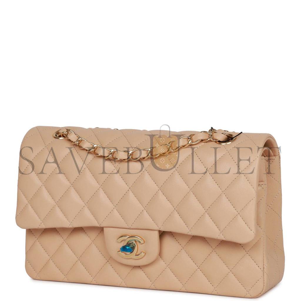 CHANEL MEDIUM CLASSIC DOUBLE FLAP BAG BEIGE LAMBSKIN LIGHT GOLD HARDWARE (25*15*7cm) CHANEL MEDIUM CLASSIC DOUBLE FLAP BAG BEIGE LAMBSKIN LIGHT GOLD HARDWARE (25*15*7cm)