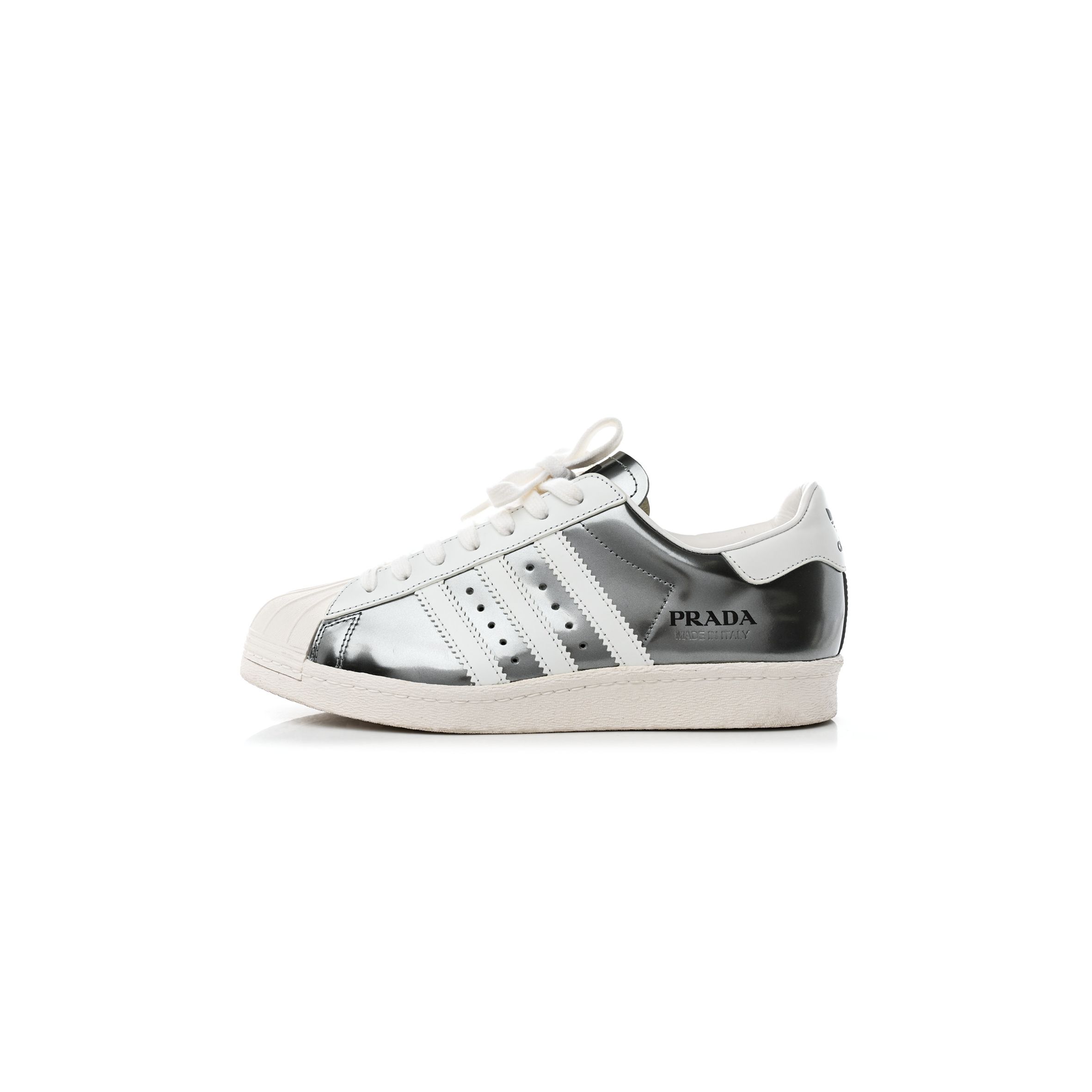 PRADA X ADIDAS BRUSHED CALFSKIN LOGO MENS SUPERSTAR SNEAKERS 6 SILVER WHITE PRADA X ADIDAS BRUSHED CALFSKIN LOGO MENS SUPERSTAR SNEAKERS 6 SILVER WHITE