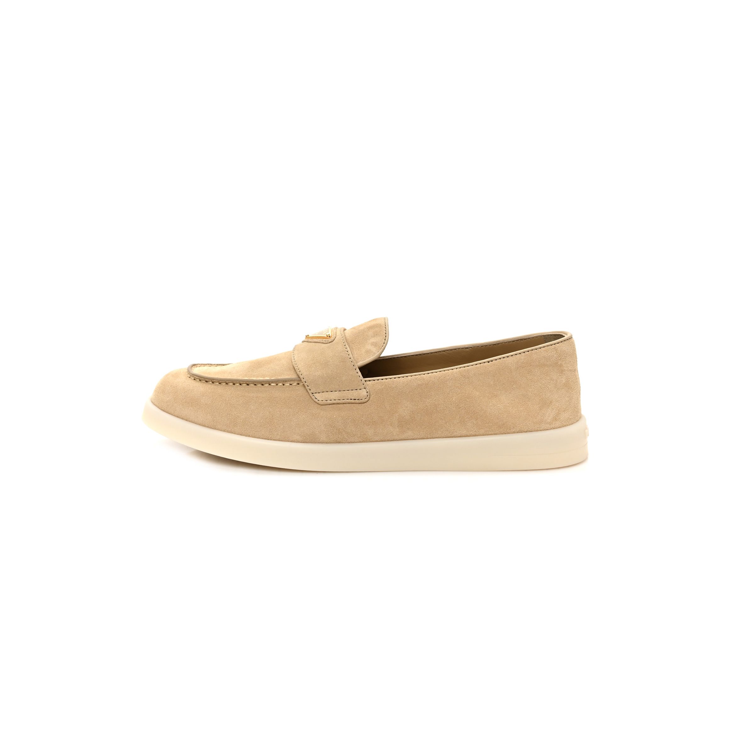 PRADA VITELLO SCAMOSCIATO METAL TRIANGLE LOGO SAINT TROPEZ 25MM LOAFERS 40 ECRU PRADA VITELLO SCAMOSCIATO METAL TRIANGLE LOGO SAINT TROPEZ 25MM LOAFERS 40 ECRU