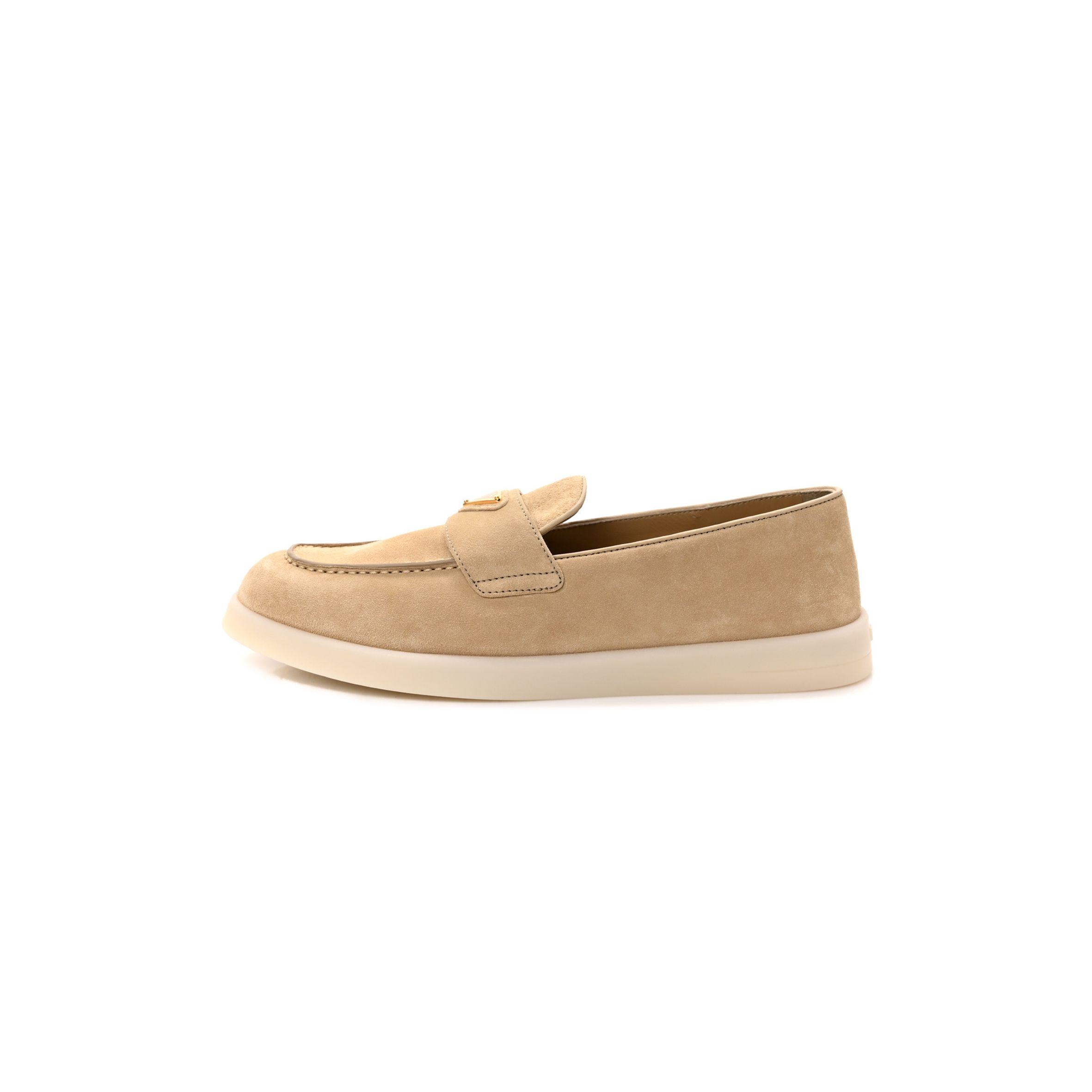 PRADA VITELLO SCAMOSCIATO METAL TRIANGLE LOGO SAINT TROPEZ 25MM LOAFERS 40 ECRU PRADA VITELLO SCAMOSCIATO METAL TRIANGLE LOGO SAINT TROPEZ 25MM LOAFERS 40 ECRU